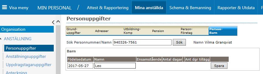 Under fliken Person-barn kan man lägga in, dölja barn för medarbetare då barnet av någon anledning inte längre ska registreras
