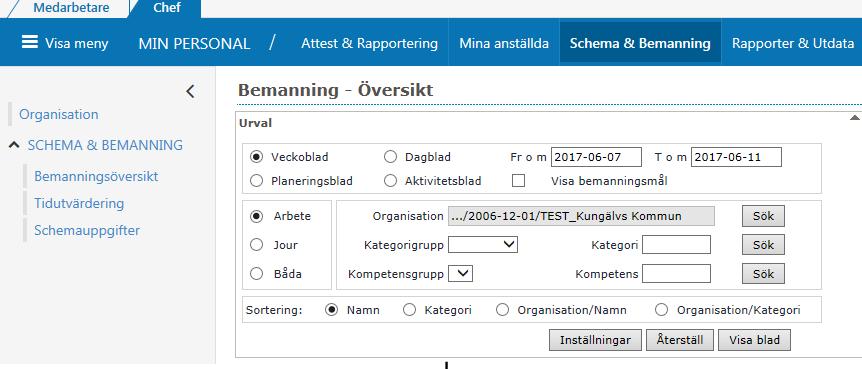 Schema & Bemanning Bemanningsöversikt Här kan du se hur din enhet arbetar utefter schemat, du ser också om det finns frånvaro, turbyte och avvikande tjänstgöring.