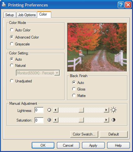(c) Skärm (9300 K) (d) (e) Optimerad för utskrift av grafik från t.ex. Microsoft Office-program. Färgerna skrivs ut med särskild tonvikt på ljusstyrka.