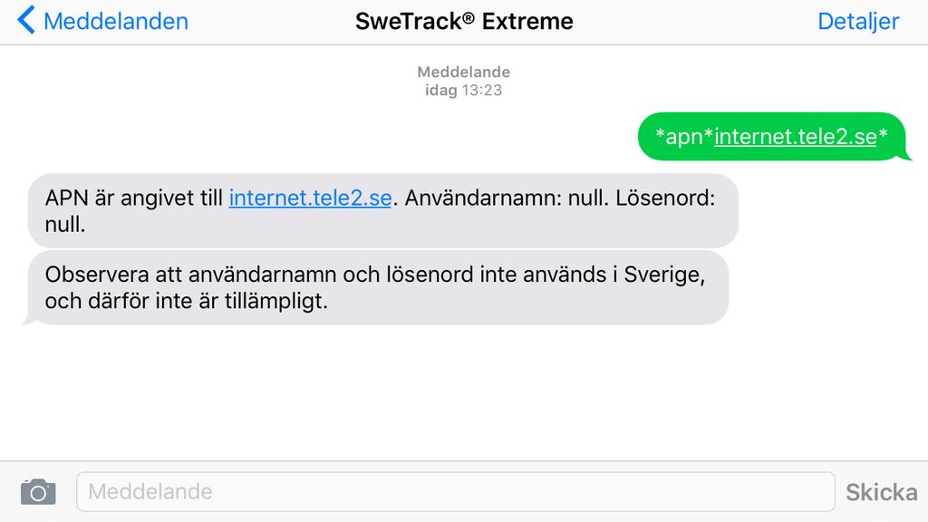 2.4 APN-inställningar För att enheten ska kunna kommunicera med nätverket behöver du ange APN (Access Point Name). Skicka ett SMS till enhetens telefonnummer med kommandot *apn*apn.operatör.se*.