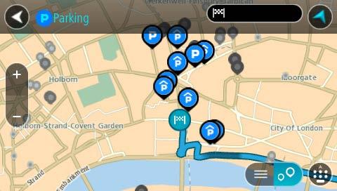 2. Välj Parkering. Kartan öppnas och visar platser med parkeringsplatser. Om en rutt har planerats visas parkeringsplatser nära din destination på kartan.
