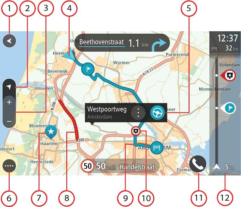 Om du har planerat en rutt visas hela rutten på kartan. Du kan lägga till stopp till rutten direkt från kartan. När du börjar köra visas vägledningsvisningen. 1. Bakåtknappen.