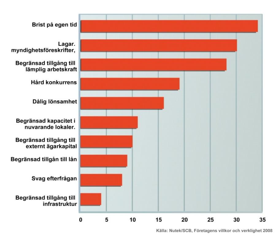 Bilaga 2 Hinder för tillväxt Hinder för tillväxt, alla småföretag år 2008 Andel i procent som uppger att olika faktorer utgör ett stort hinder för tillväxt.