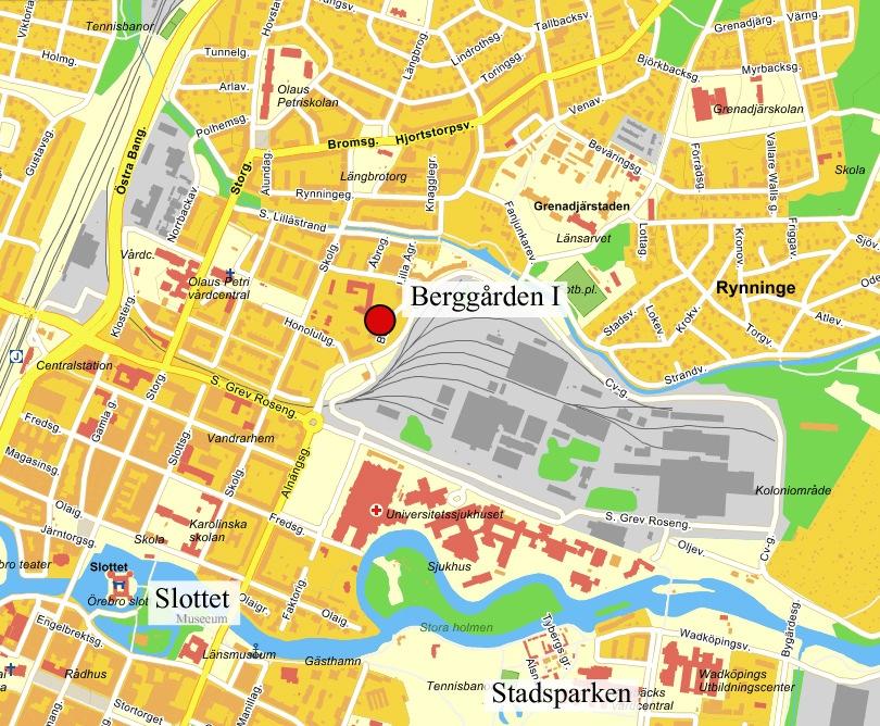 Centralt läge Berggården l Seniorboendet Berggården l ligger i kv Epidemisjukhuset i norra delen av Örebro. Stadsdelen Norr begränsas av vattentornet Svampen i norr och Olaus Petri Kyrkan i sydväst.