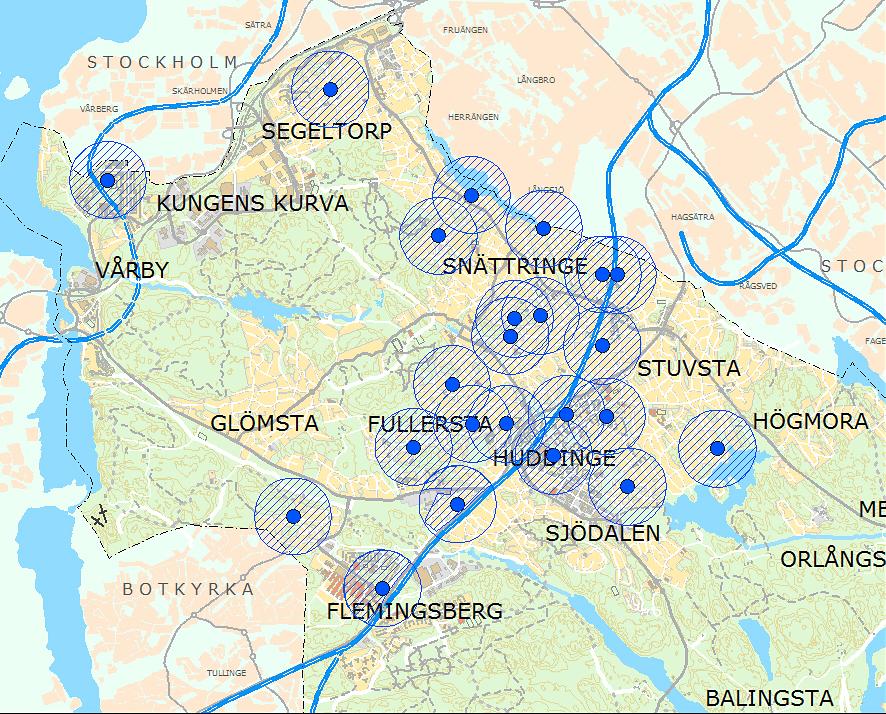 M O V I U M FA K TA 5 2 014 Huddinge kommuns lekplatsprogram (2012) med bufferzoner på 500 meter kring lekplatser. Bild: Huddinge kommun.
