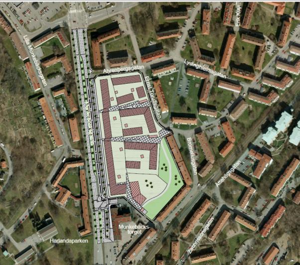 Figur 1. Karta planområdet och de tre angränsade gaturummen. Planområdets area är ca 5 ha och 420 m långt i nordsydlig riktning.