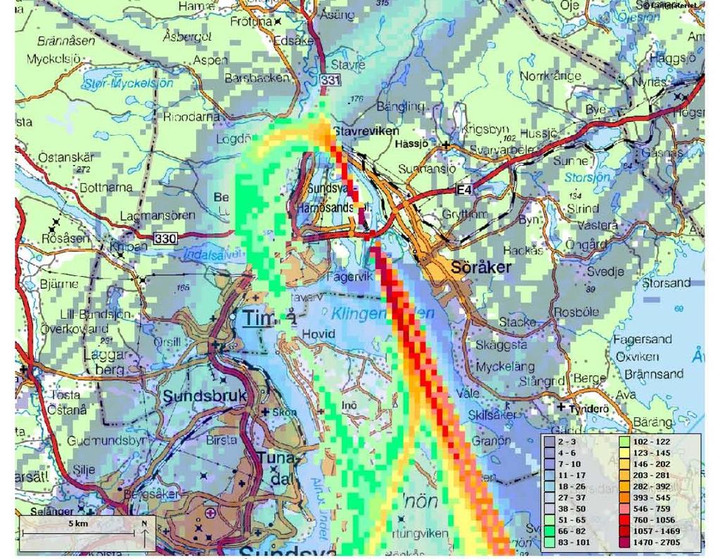 Figur 3 Flygtäthetsplott av starter år 2015 med jet- och turbopropellerflygplan.