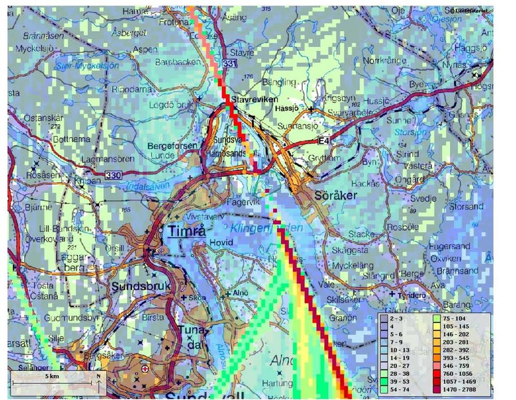 Figur 4 Flygtäthetsplott av landningar år 2015 med jet- och turbopropellerflygplan.