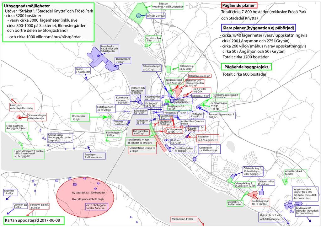 Överblicksbild över bostadsplaner som pågår och utbyggnadsmöjligheter.