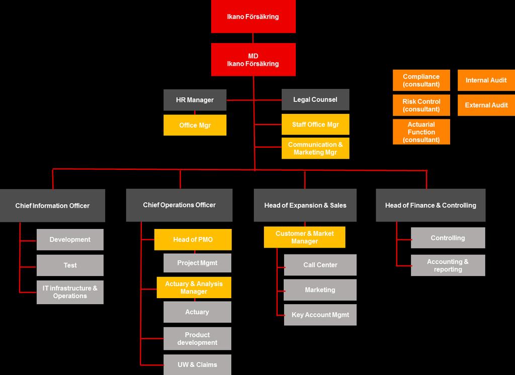 Organisation och ansvar 2017 VD och ledningsgrupp Företagsstyrningen kanaliseras ner från styrelsen till IKFs VD genom den instruktion och arbetsordning som styrelsen utfärdat till VD.