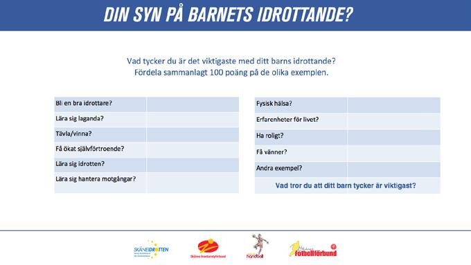 - Att föräldrarna får tänka till kring deras motiv till vad som är viktigt med barnets idrottande, men också om dessa motiv stämmer överens med barnets.