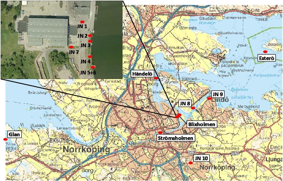 11 Figur 2. Karta med provtagningspunkter för jord (JN), sediment och fisk (fullständiga namn) efter branden i elektronikskrotsanläggningen i Norrköping.