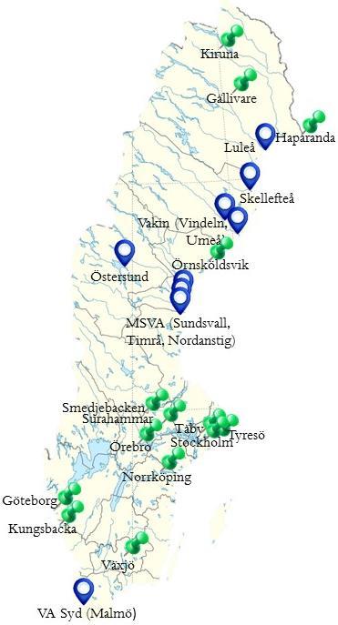 kommun, Malmö stad, Skellefteå kommun, Stockholms stad, Stockholm Vatten, Sundsvalls kommun, Tekniska verken i Kiruna AB, Täby kommun, Umeå kommun, VA SYD AB, Växjö kommun, Örebro kommun,
