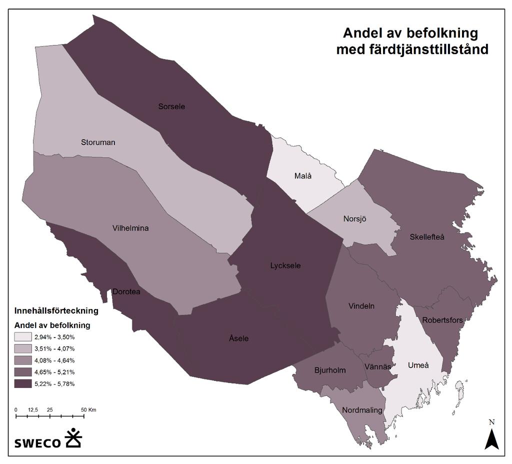 repo001.docx 2015-10-05 FIGUR 1. ANDEL FÄRDTJÄNSTBERÄTTIGADE INVÅNARE PER KOMMUN I VÄSTERBOTTENS LÄN.