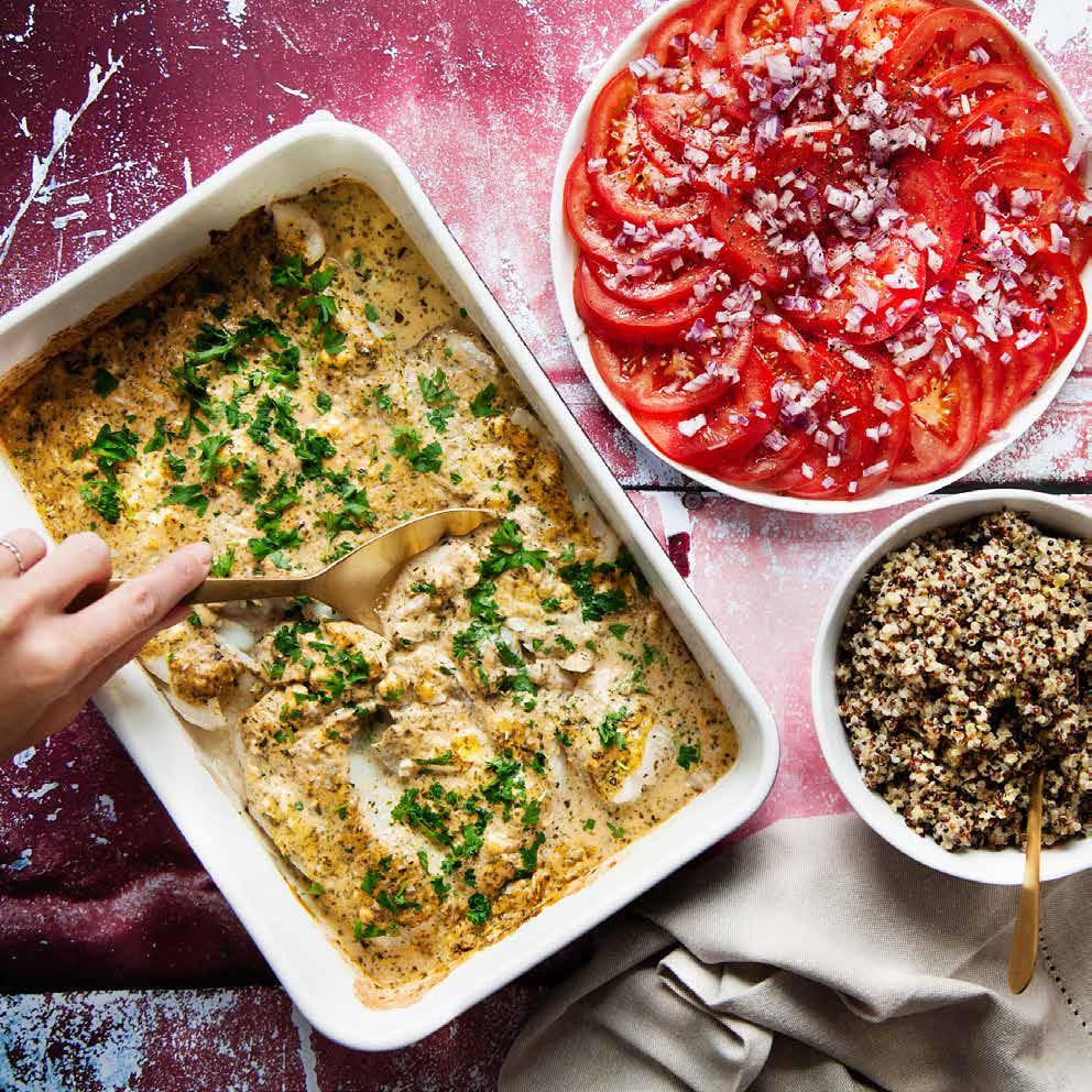 Veckans meny: Recept 1: Ugnsbakad kolja med chermoula och gryn Recept 2: Pasta med nötfärsragu och vitlöksstekt aubergine Recept 3: Kyckling i spansk tomatsås med stekt