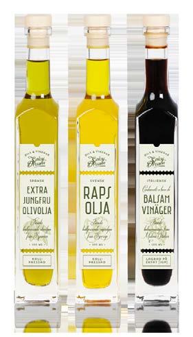 Oils & Vinegar paketet innehåller två oljor och en balsamvinäger: Extra Jungfru Olivolja Kallpressad Rapsolja Balsamvinäger Alla våra oljor och balsamvinäger är av hög kvalitet Extra Jungfru Olivolja