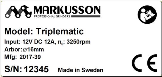 Introduktion Triplematic 1.5 Namnskylt Denna namnskylt är placerad på sliphuvudet på Triplematic Auto Chain Grinder. 1.6 Återvinning Denna symbol visar att elektrisk och elektronisk utrustning inte får kasseras som osorterat kommunalt avfall.