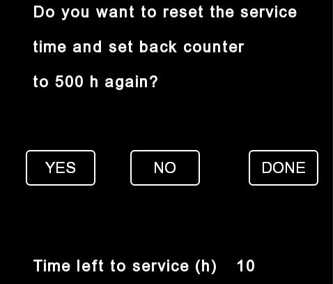 Nollställa servicetid För att återställa timräknare för servicetid till 500 timmar för en ny driftperiod: 1. Gå in i meny Service och tryck på Reset i Nollställ Servicetid-raden. 2.