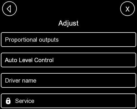 I menyn Justera visas undergrupperna: Proportionella utgångar (1) manöverventilen. Auto Level Control (2) endast maskiner med automatisk höjdhållning (ALC).