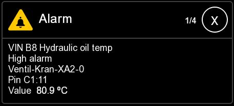 Detta villkor finns för att slippa larm vid uppstart. Hög temperatur på hydraulolja Larmet aktiveras vid ca 70 C. Varningslampan tänds och ett textmeddelande visas på displayen se bilden nedan.