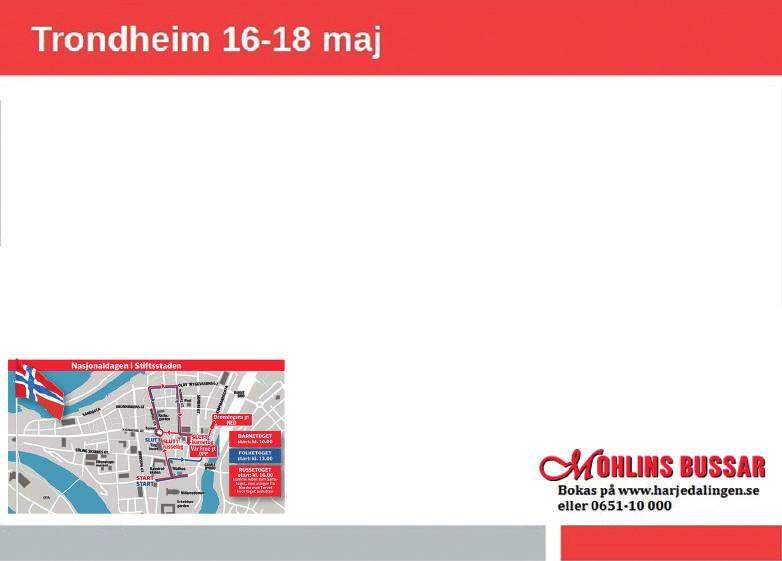 2 nätter på Trondheim Clarion Hotell och Kongress halvpension, för 17 maj rande. Avgång den 18 maj 10:00 med uppehåll 2 timmar på IKEA. Östersund kl. 13:00 3995 kr. Sveg kl. 10:00 +300 kr.