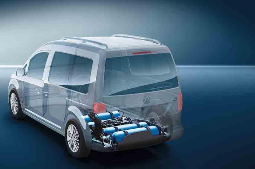 TGI-motor. Motorn på 1,4 l och 81 kw, med ett vridmoment på 200 Nm finns för både Caddy Skåp och Caddy Maxi Skåp. Vid blandad körning ligger förbrukningen på 4,0 kg/100 km (CNG) 2) Bensintank.