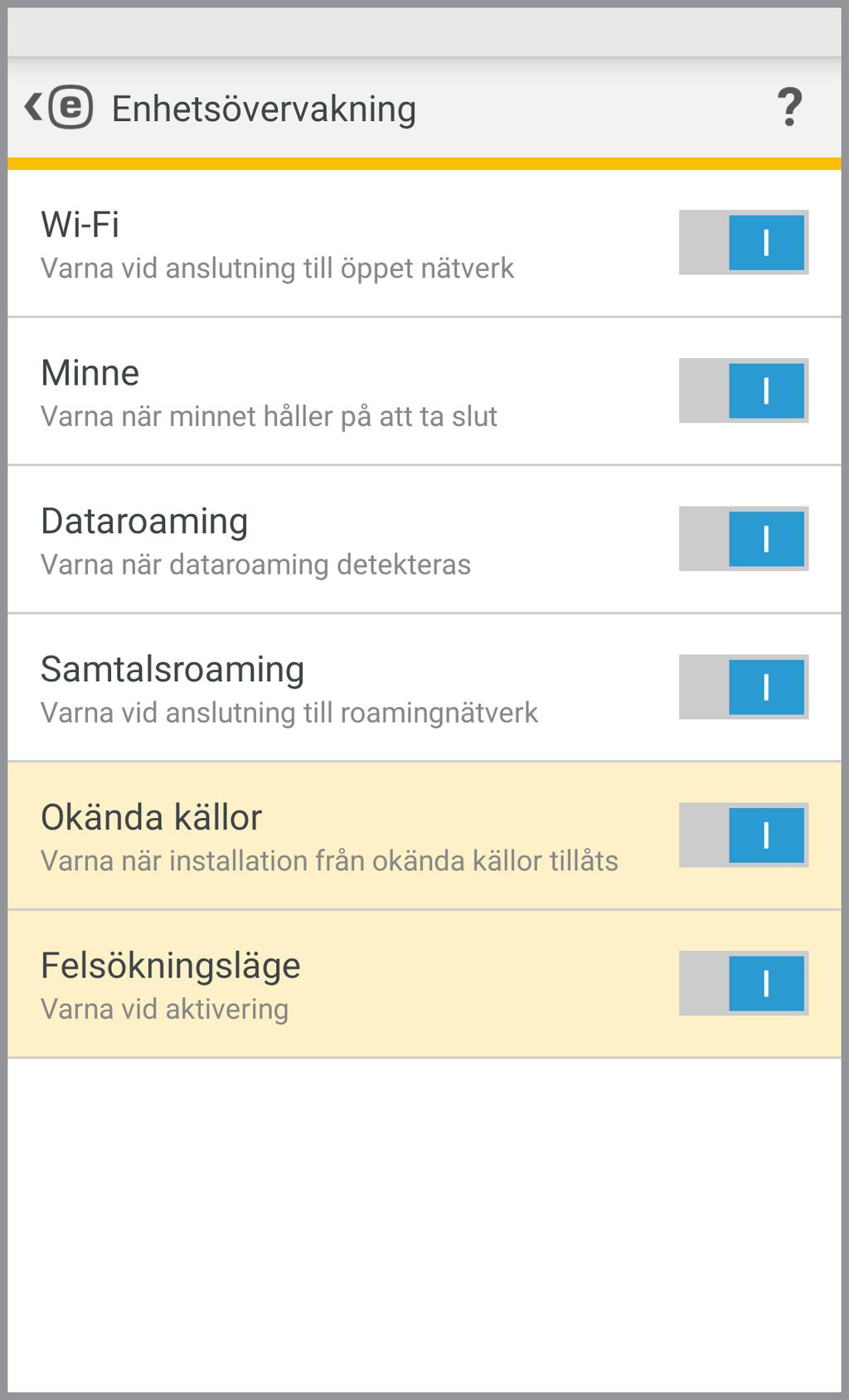 9.1 Enhetsövervakning I avsnittet Enhetsövervakning anger du vilka enhetskomponenter som ska övervakas av ESET Mobile Security.