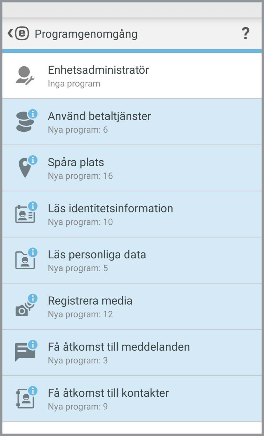 9.2 Programgenomgång Programgenomgång går igenom program installerade i enheten som kan ha åtkomst till tjänster som kostar pengar, spårar din plats eller läser din identitetsinformation, kontakter