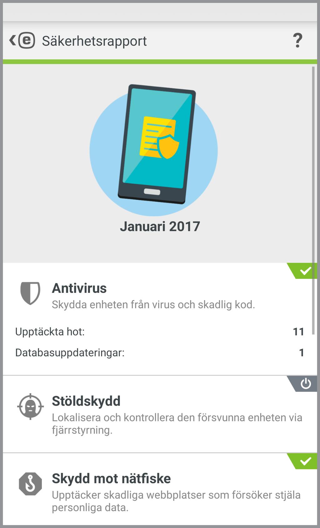 10. Säkerhetsrapport Säkerhetsrapport ger en heltäckande översikt över varje programmodul och dess respektive status och statistik.