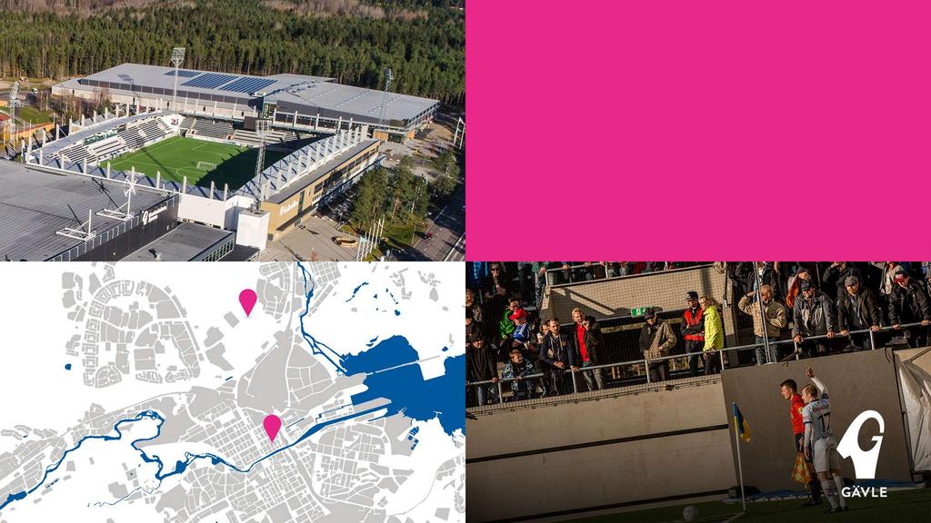 Gavlevallen Publikkapacitet: sittande: 5 000, stående 1 300 Restaurang med plats för ca 300 gäster, 5 kiosker Kommentatorshytter och tv-plattform 1 Konferensrum Spelyta: 105x68
