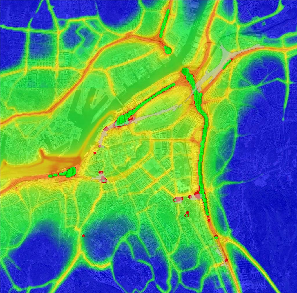 Figur F.7 Årsmedelvärde kvävedioxidhalter skillnad mellan byggskede grundberäkning och byggskede scenario B.