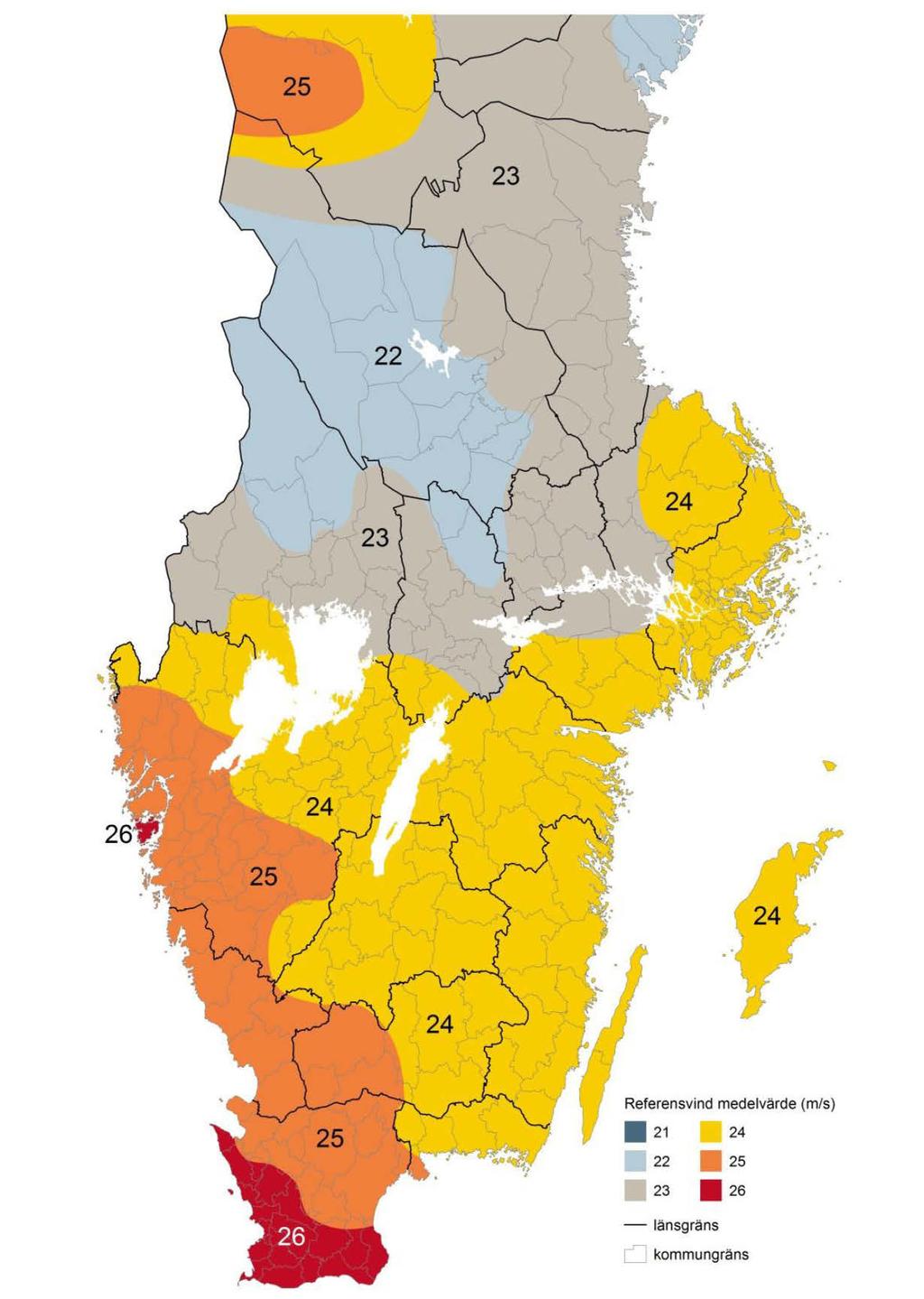 Figur 7.1 Referensvindhastigheten, v b, i m/s, det vill säga medelvindhastighet under 10 minuter på höjden 10 meter över markytan med råhetsfaktor z 0 = 0,05 och med återkomsttiden 50 år Stycke 4.