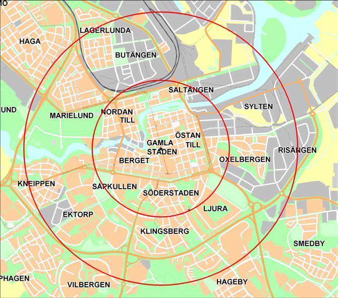 Gångstråk inom 1,5-3 km från centrum och vid