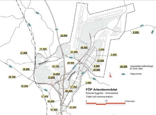 3.1.3 Framtida trafikflöden I anslutning till framtagandet av FÖP för Arlandaområdet gjordes prognoser för framtida trafikflöden under 2030. Prognosen presenteras i Figur 6.