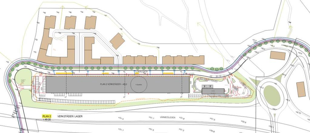 Figur B.2. Kvartersindelning för detaljplan för Ryssbergen, 2017-11-20 (Bilia). I tabell B.1 redovisas avstånd mellan planerad bebyggelse och Värmdöleden och den planerade påfartsrampen. Tabell B.1. Minsta avstånd mellan bebyggelse och Värmdöleden (inkl ramp) utifrån studerat planförslag.