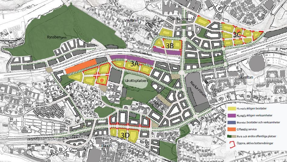 Figur B.3. Etapp 3 av planprogrammet för centrala Nacka. Aktuellt planområde rödmarkerat.