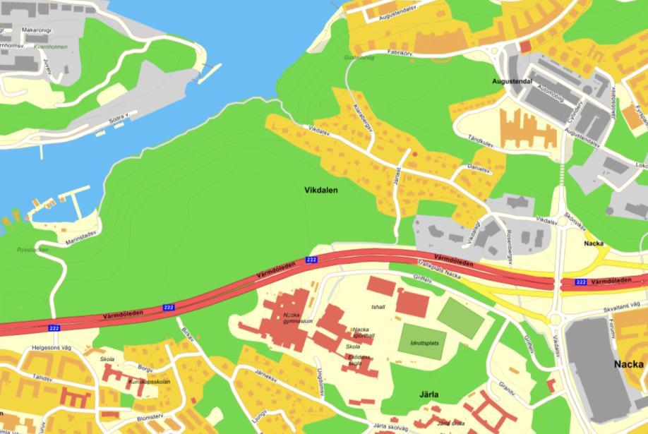 Det aktuella området ligger vid Ryssbergen i Nacka kommun. Området omges av Värmdöleden i söder, bostadsområde Vikdalen i öst och i övrigt av naturområde (se figur 2.1)