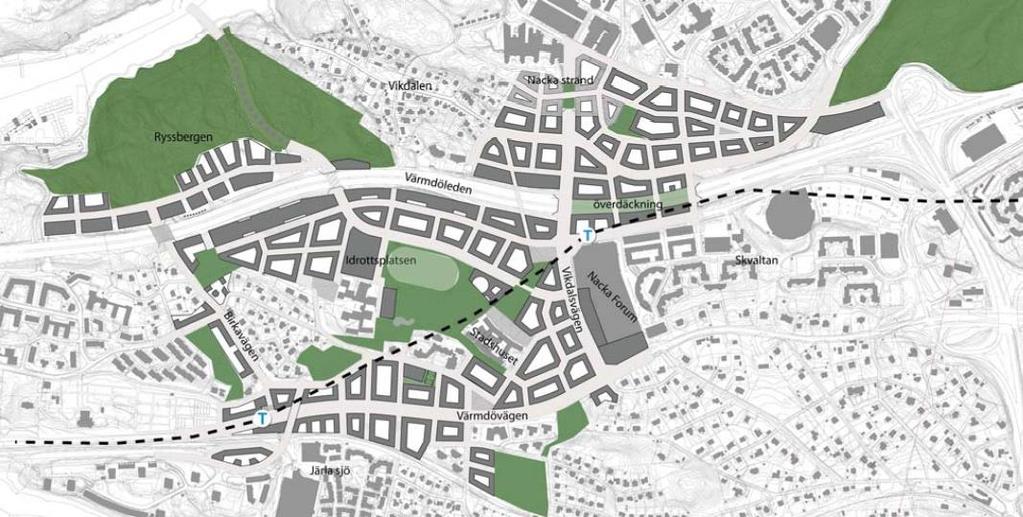 Figur 2.2. Programförslag centrala Nacka (observera att planförslaget för Ryssbergen inte stämmer) /3/.