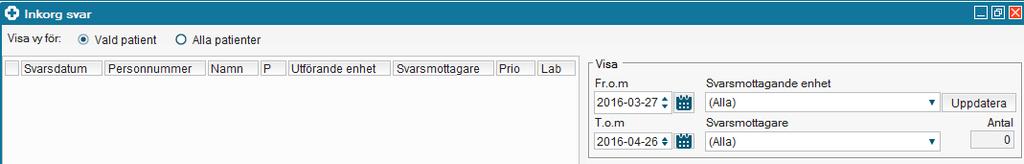 Enhet När vy för Vald patient är förvald presenteras (Alla) för både Svarsmottagande enhet och Svarsmottagare.