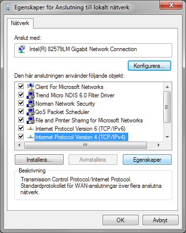 Klicka på rullisten - och dra ned till botten av listan. Klicka därefter på Internet Protocol Version 4 (TCP/IPv4). Den blir nu blåmarkerad.