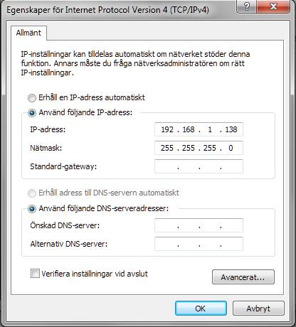 Skriv in den nya IP-adressen IP: 192.168.1.xxx Välj ett nummer mellan 1-255 Måste vara unikt i nätverket Dock EJ 100 - då modulen har detta nummer.