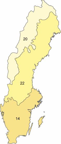 Figur 5.6. Illies ekoregioner, Centralslätten (14), Fennoskandiska skölden (22) och det Boreala höglandet (20). Tabell 5.
