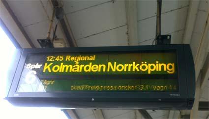 Linköping 0 7.55 Kimstad 28 8.10 Norrköping 47 8.20 Kolmården 67 8.31 Nyköping 109 8.51 Vagnhärad 147 9.10 Södertälje Syd, övre 176 9.25 Flemingsberg 197 9.35 Stockholm C 212 9.