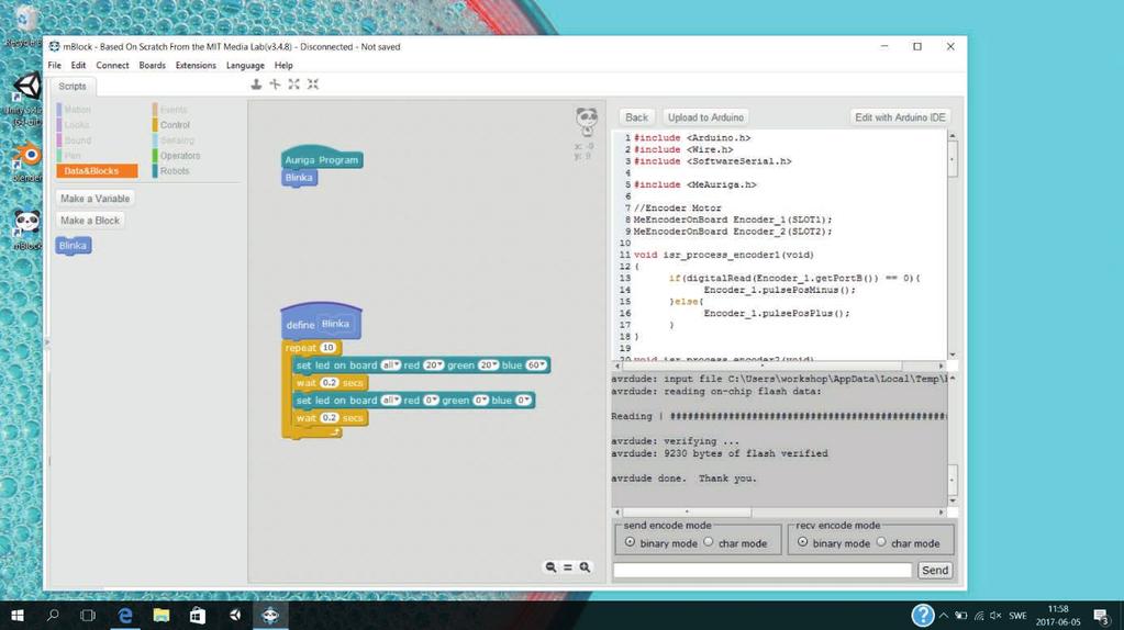 algoritmen är klar så klickar du på Upload to Arduino och kopplar loss roboten ur