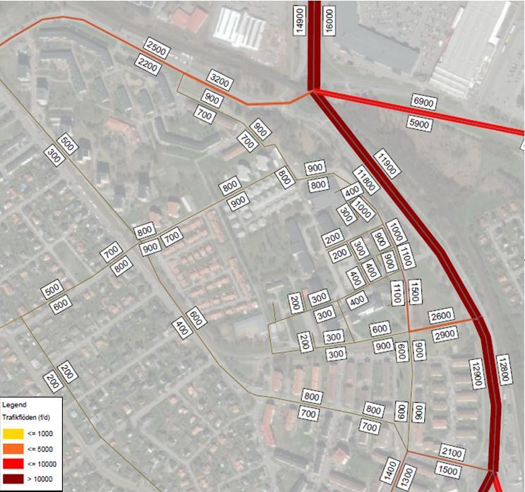 3.3 Scenario 3 Figur 17 Trafikflöden scenario 3 Sandbyhov 2035 Figur 17 visar trafikflöden för scenario 3 år 2035 för Sandbyhovsområdet, på anslutningsvägen från De Geersgatan ligger dygnsflödena på