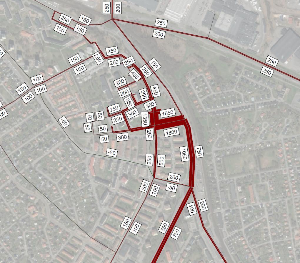 Figur 22 Trafikfördelning tillkommande trafik i Sandbyhov, scenario 3, (fordon/dygn). 4. Slutsatser Tabell 1 visar en sammanställning av trafikflöden i de olika scenarierna.