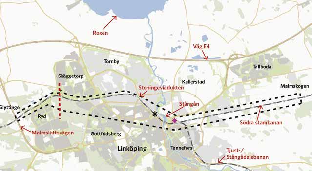 7. RIKSINTRESSEN 63 Kartan redovisar den kompletterande järnvägsutredningens utredningsområde. Trafikverket 2014. begränsande yta och bullerbegränsande yta.