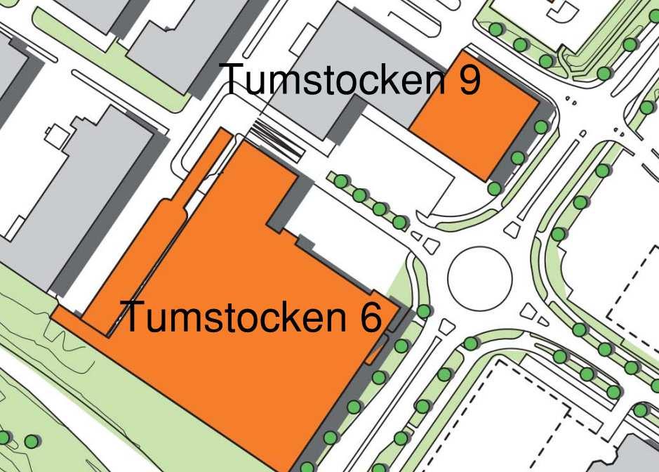 5. Kort beskrivning av planförslaget Kvarteren Tumstocken 6 och 9 ägs av ICA som avser att bebygga aktuella tomter. Figur 5.1 visar planerna i förhållande till varandra. Figur 5.1 Illustrationsplan kv Tumstocken 6 och kv Tumstocken 9.