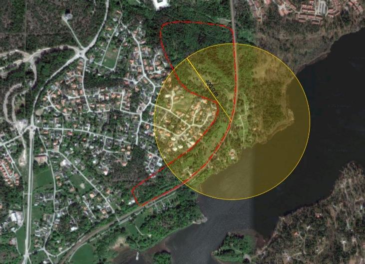 möjligt för det studerade planområdet, vilket innebär mitt för planerad bebyggelse inom planområdet, se markering i Figur B.6.