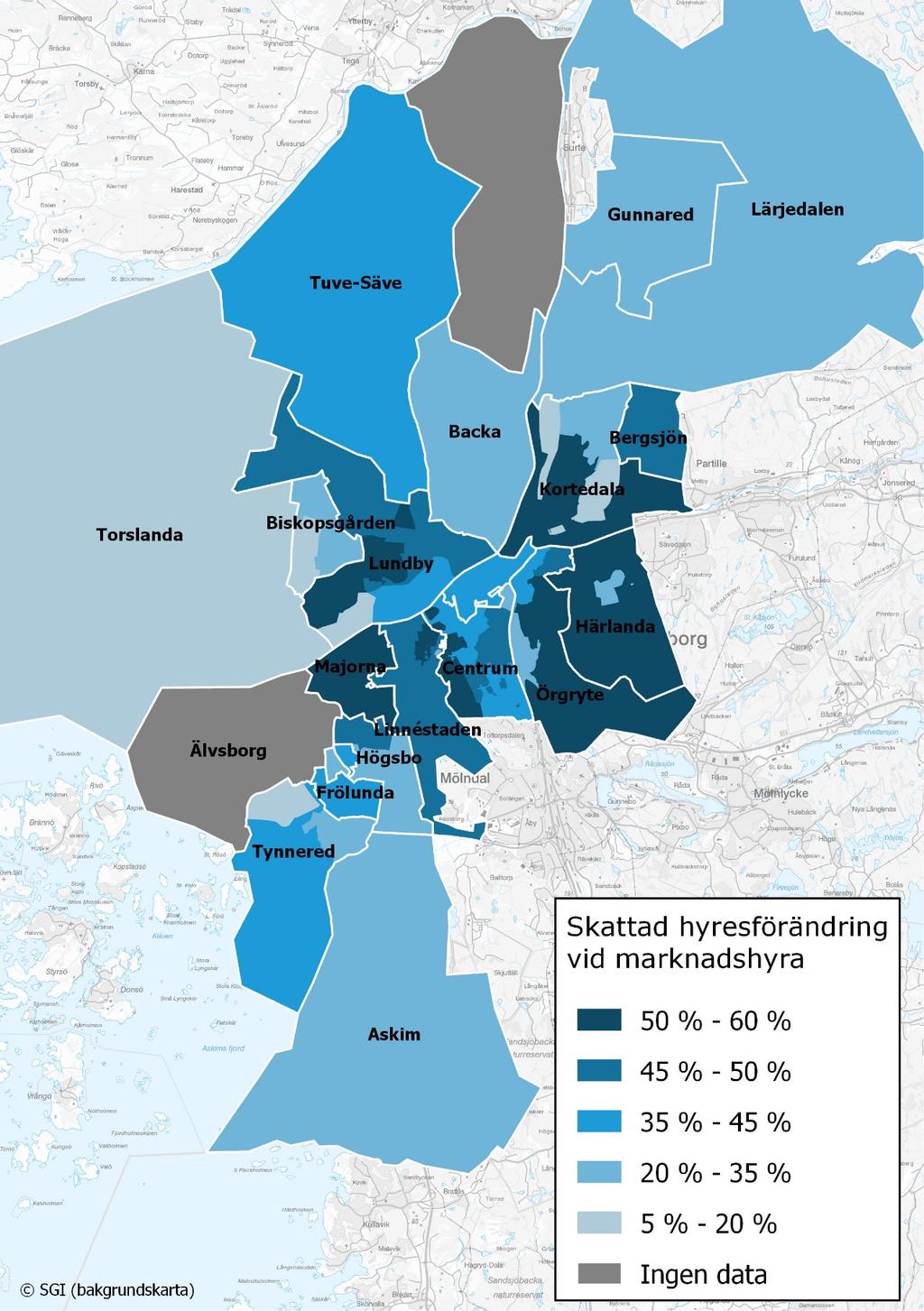 Marknadshyror för hyreslägenheter i Göteborgs kommun 18 av 29 I regel skattas högre procentuella hyreshöjningar desto närmare Centrum ett område ligger (Figur 11).